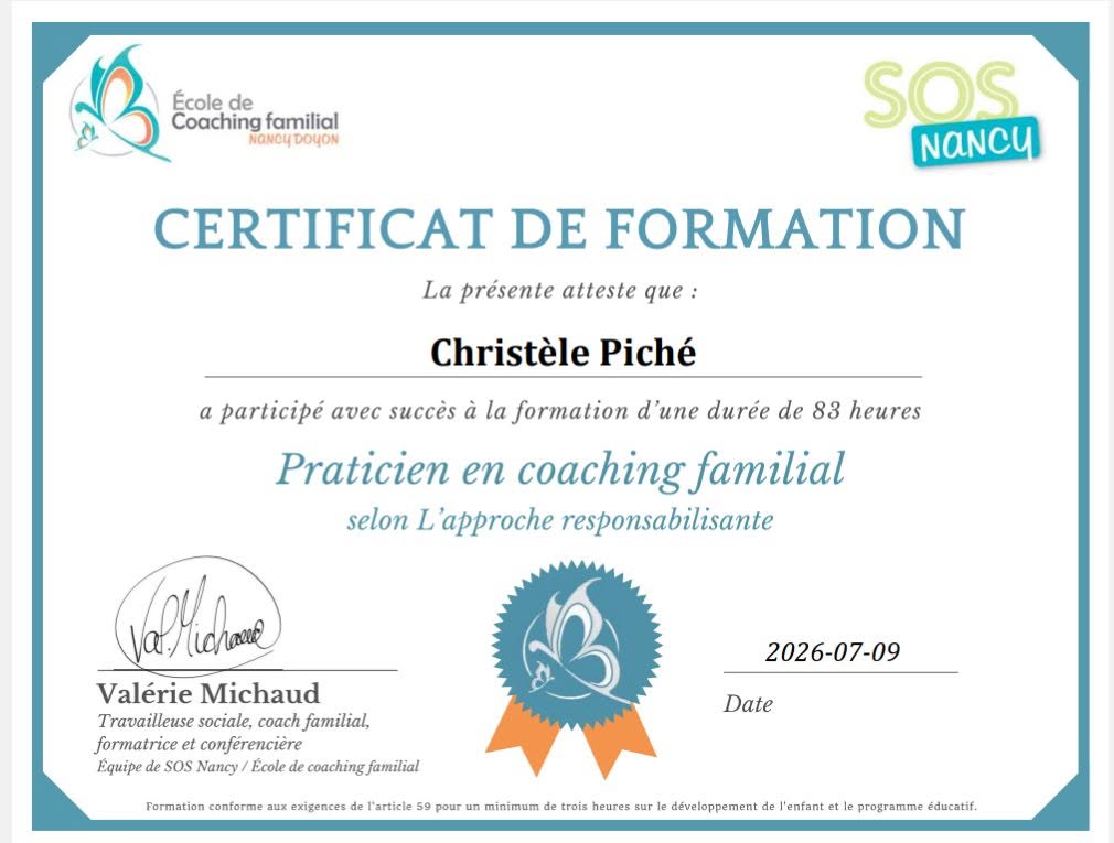 Certificat de formation en coaching familial de Christèle Piché
